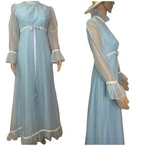 Vintage ILGWU Prairie Blue White Swiss Dot Dress